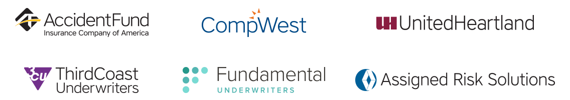 Accident Fund, CompWest Insurance, United Heartland, Third Coast Underwriters, Fundamental Undewriters and Assigned Risk Solutions logos.